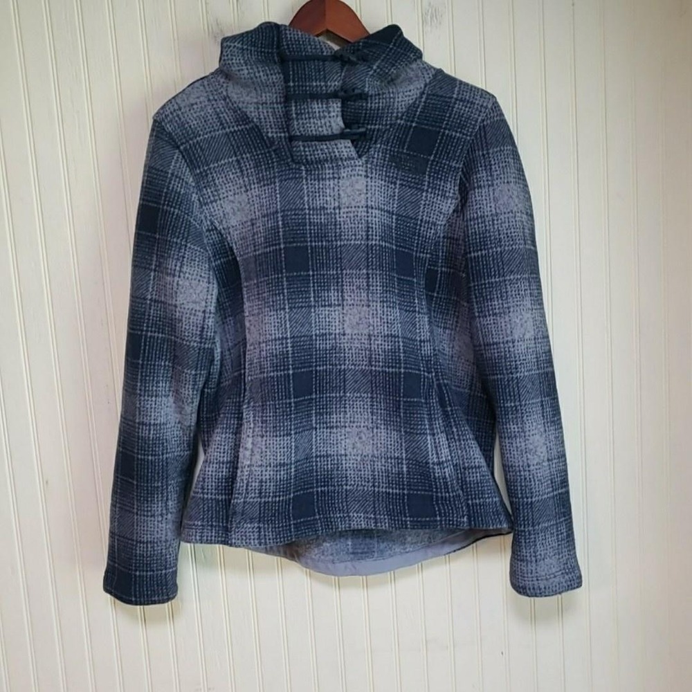 The North Face Jacket Womens Medium Blue Plaid Fleece Hooded Toggle Pockets - Picture 2 of 8